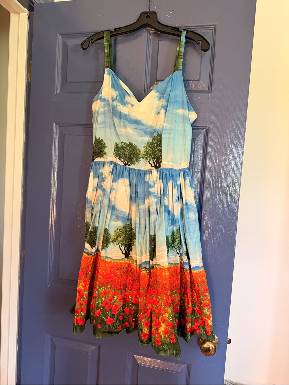 Bernie Dexter Blue Sky and Red Poppy Border Midi Dress XL.